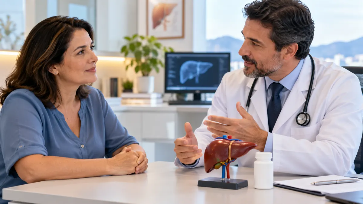 Hepatologista explica o tratamento da hepatite C a paciente, com modelo do fígado e frasco de remédio sobre a mesa